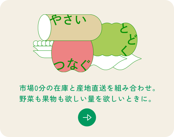 やさい とどく つなぐ 市場0分の在庫と産地直送を組み合わせ。野菜も果物も欲しい量を欲しいときに。